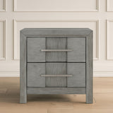 Modern 2 Drawer Nightstand In Gray Finish With Silver Metal Handles, Contemporary Bedside Table With Smooth Glide Drawers