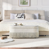 Oval Upholstered Storage Ottoman With Fringe Trim & Lift Top Lid