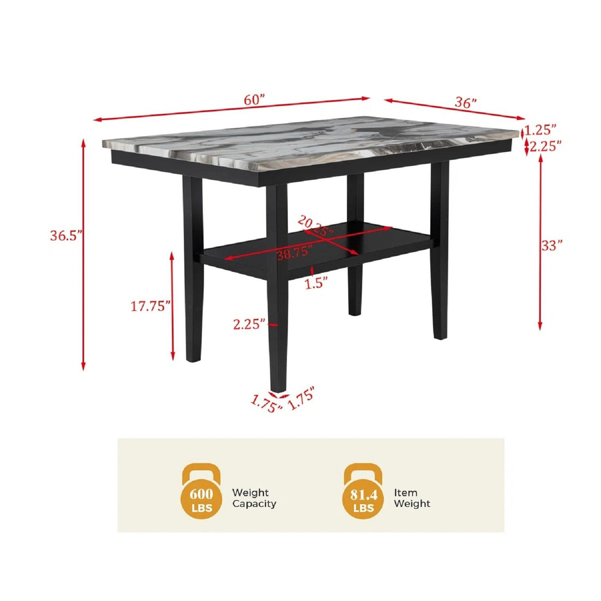 5 Piece Counter Dining Set With Table, Chairs - Black / Brown