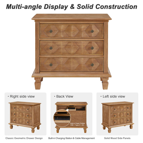 Nightstand With Charging Station, 3 Drawer Bedside Table - Natural Wood