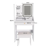 LED Vanity Mirror With Stool, 2 Drawers & 5 Storage Cabinets, Adjustable Lighting Mdf Dressing Table For Bedroom - White