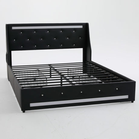 Wingback Upholstered Bed Frame With LED Lights, Charging Station