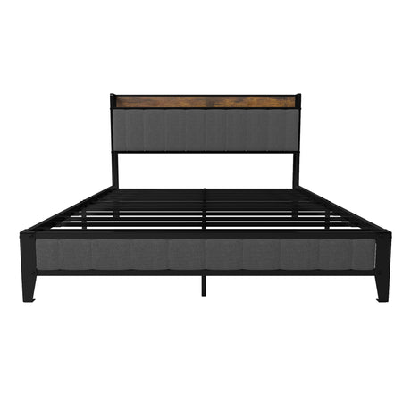 Bed With Charging Station, American Design Upholstered Headboard, Metal Platform