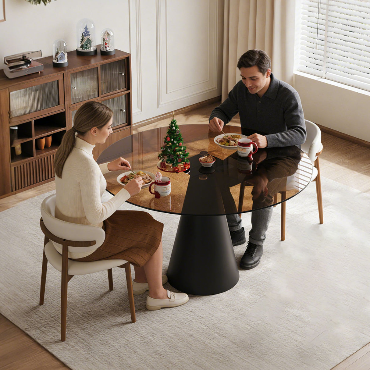 Round Dining Table & Glass Top - Black / Brown