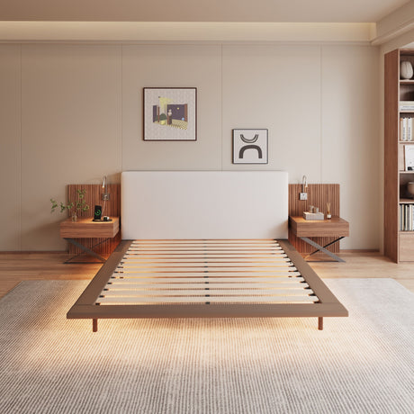 Floating King Size Bed With Integrated Side Tables And Smart Lighting - Beige Gray / White