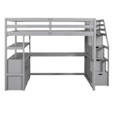 Loft Bed With Desk, Shelves, 2 Drawers, Storage Staircase