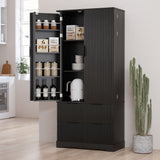 Fluted Kitchen Pantry Cabinet With 2 Large Drawers & 8 Door Spice Rack Freestanding Storage Organizer - Black