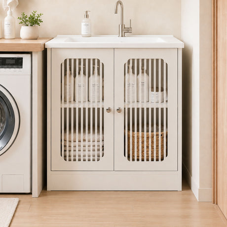 Louvered Double Door Floor Standing Bathroom Vanity Cabinet With Adjustable Shelf - White