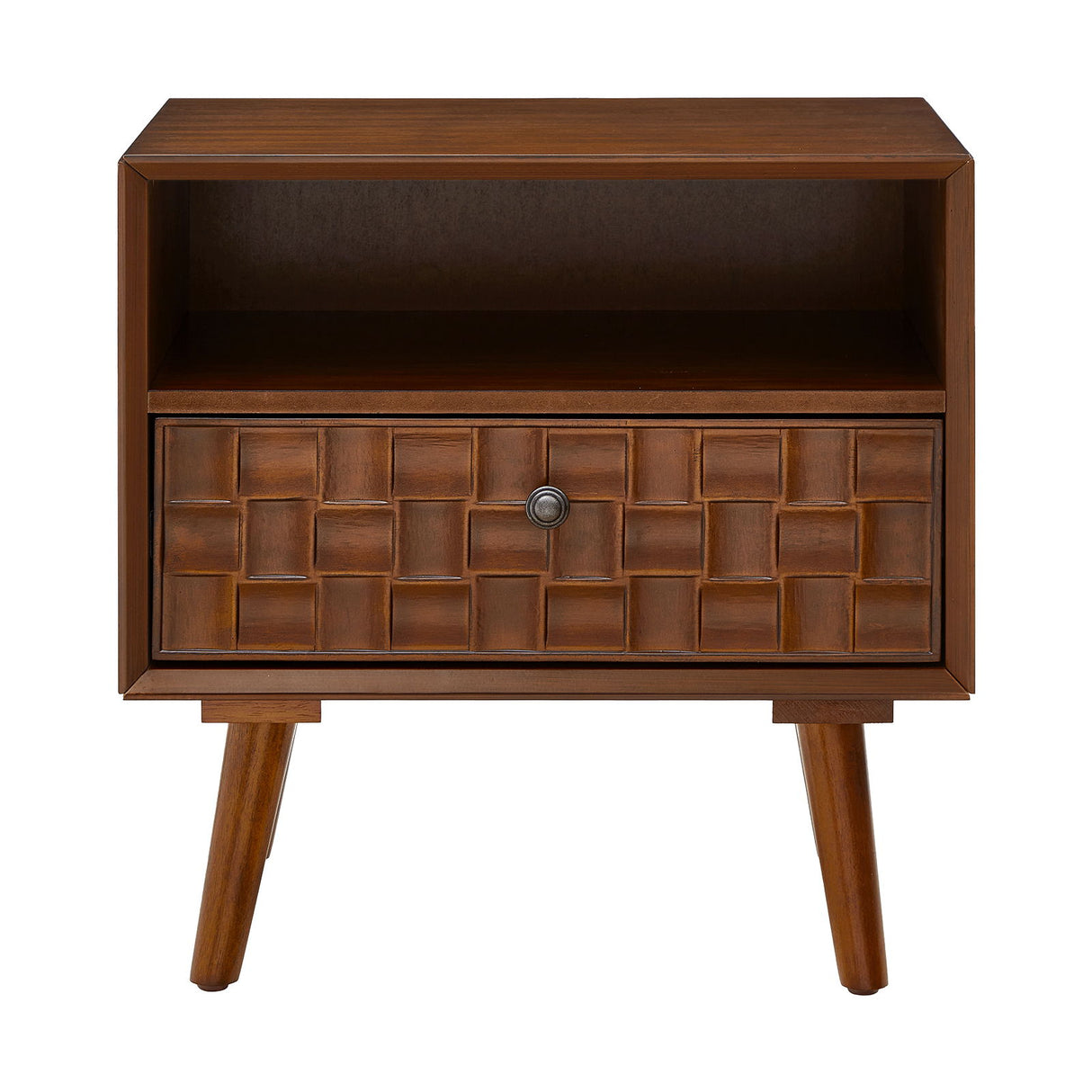 Nightstand With Carved Geometric Drawer Front, 1 Drawer And Open Shelf