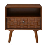 Nightstand With Carved Geometric Drawer Front, 1 Drawer And Open Shelf