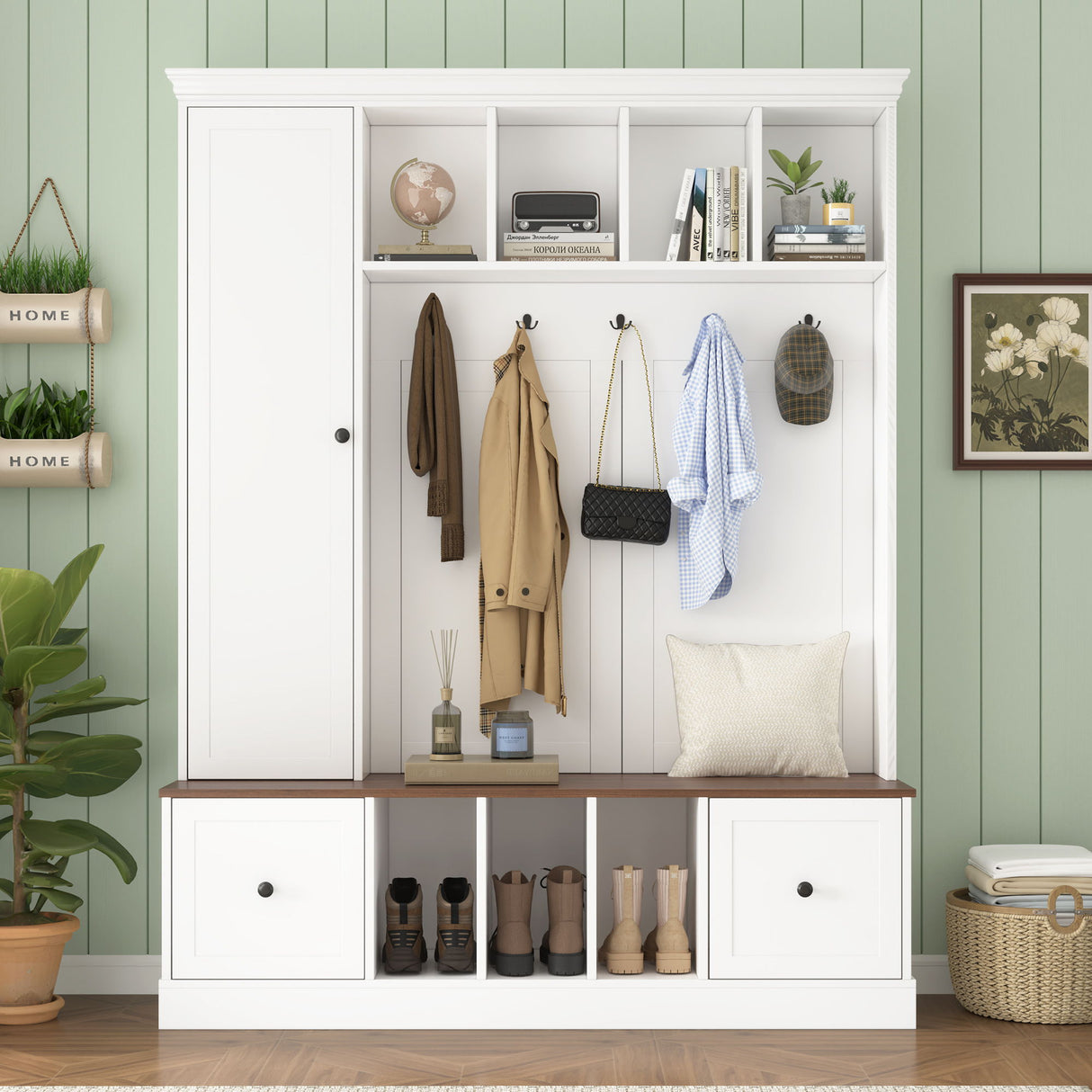 Hall Tree With Shoe Storage Bench, Entryway Coat Rack With 5 Hooks