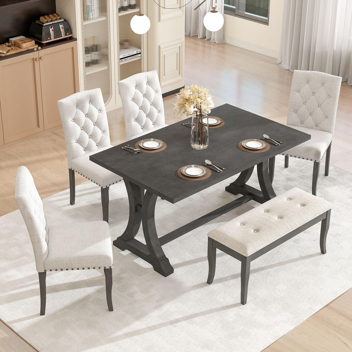 Dining Table Set With 4 Upholstered Chairs And Bench