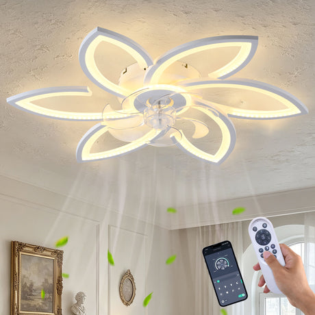 30" Flower 6 Speed Ceiling Fan With Remote Controlled LED Lights, Low Profile Flush Mount Fan