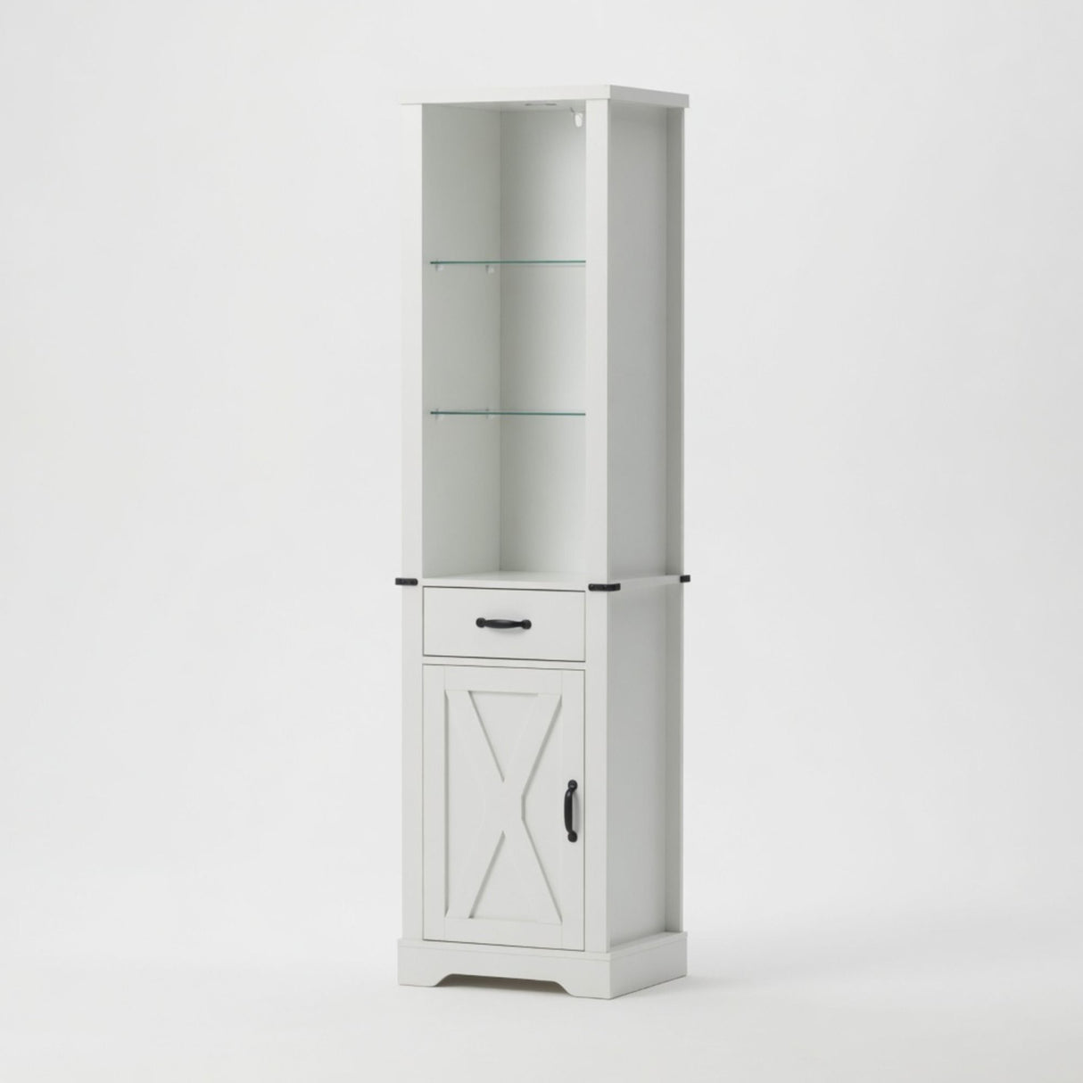 Pantry Cabinet With LED Lights And Barn Door With Tempered Glass Shelves - White