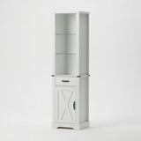 Pantry Cabinet With LED Lights And Barn Door With Tempered Glass Shelves - White