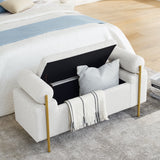 Elegant Upholstered Storage Bench With Cylindrical Arms And Iron Legs,