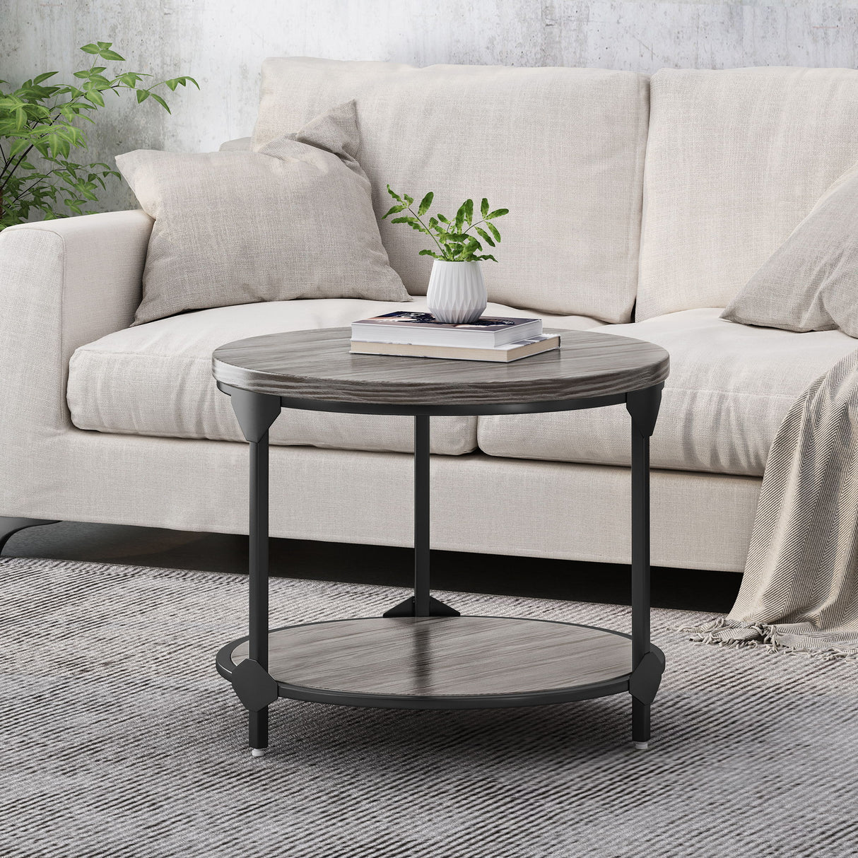 Coffee Table With Wood Patterned Tabletop And Iron Frame - Gray