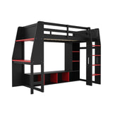 Gaming Loft Bed With Desk, Multi Storage Shelves, LED Lighting, And Hanging Clothes Rack