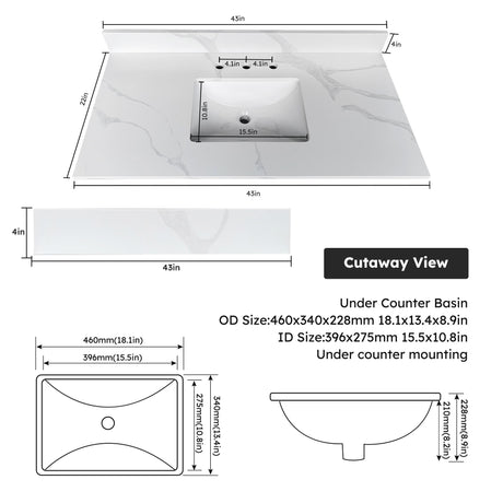 Bathroom Vanity Top With Undermount Sink, 3 Pre Drilled Holes