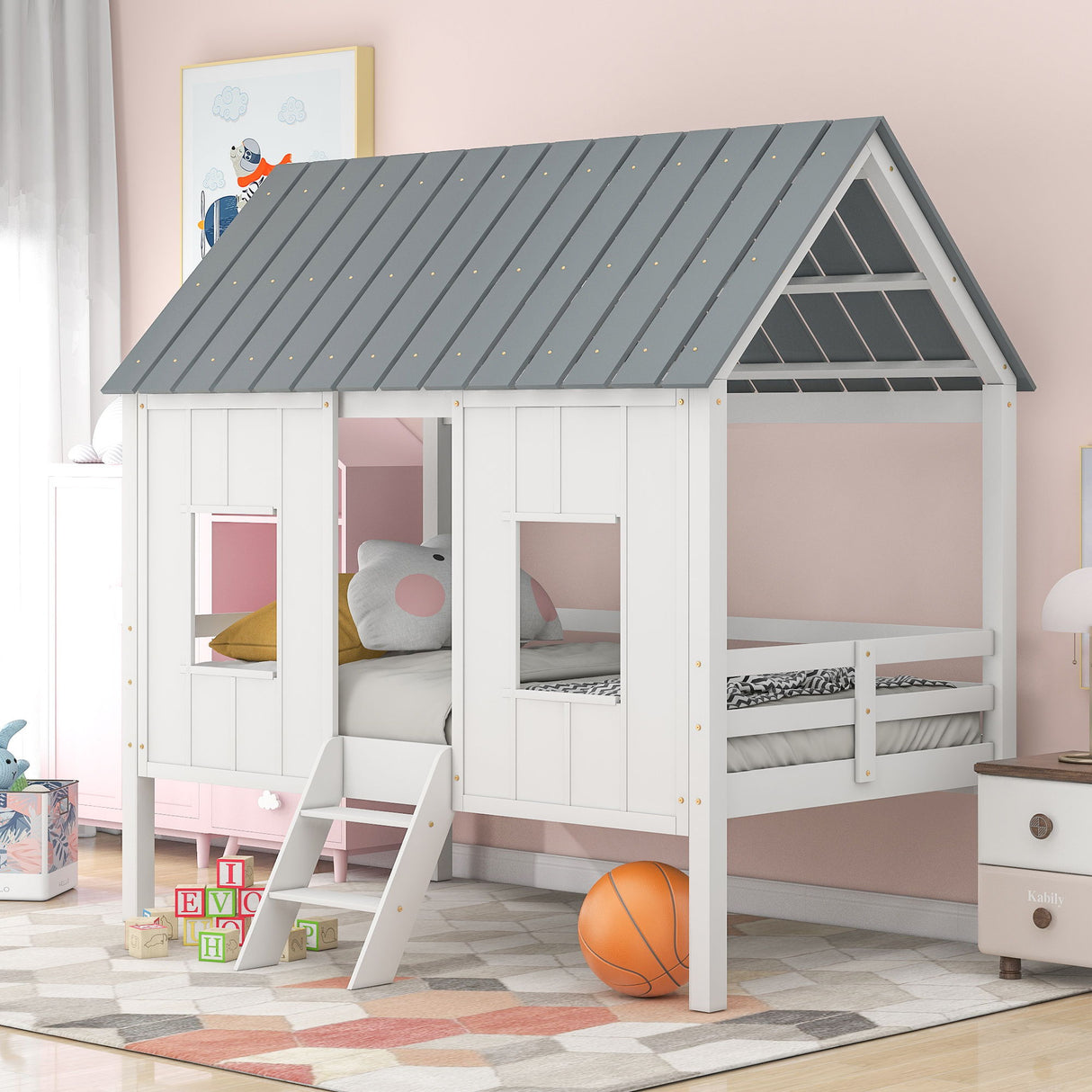 Twin Size Low Loft House Bed With Roof And 2 Front Windows - White