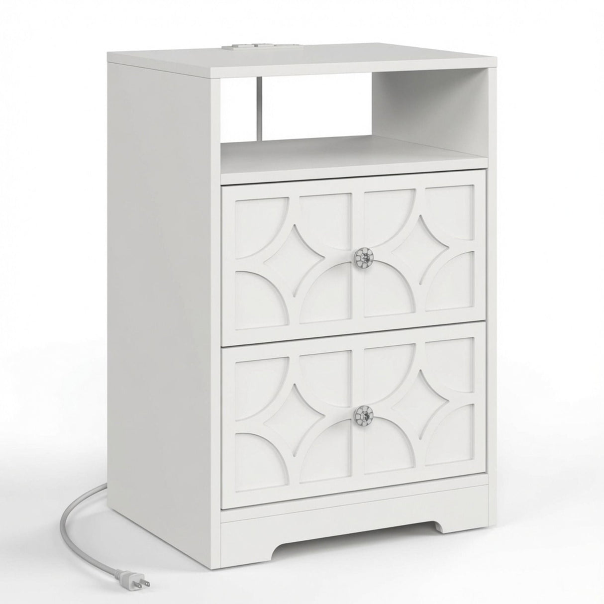 Nightstand With Diamond Carvings Handles, 2 Drawers & Charging Station