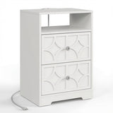 Nightstand With Diamond Carvings Handles, 2 Drawers & Charging Station