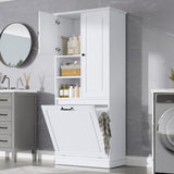 Modern Tall Storage Cabinet With Adjustable Shelves, Flip-Out Basket & Enclosed Doors