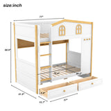 Twin Over Twin Bunk Bed With House Shaped Guardrails, Storage Shelves & Drawers - White / Natural