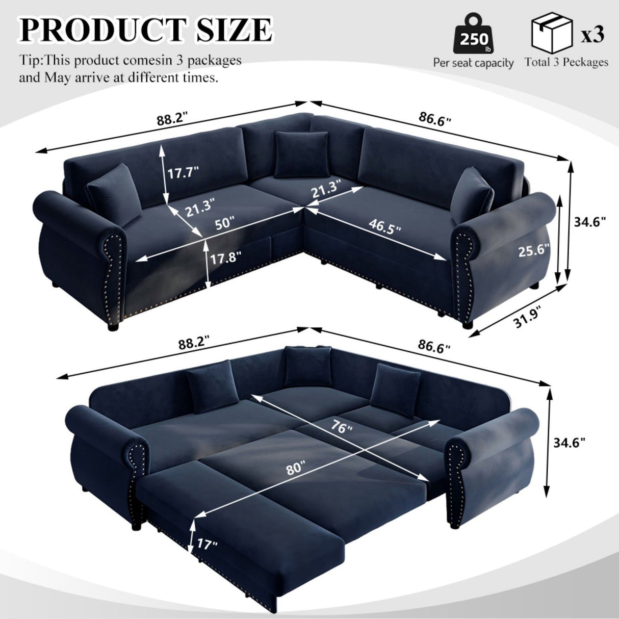 L-Shaped Sofa Couch With Pull-Out Bed