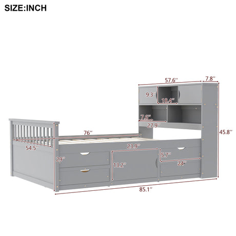Captain Platform Bed Frame With Bookcase Headboard, 4 Drawers, Storage Shelves