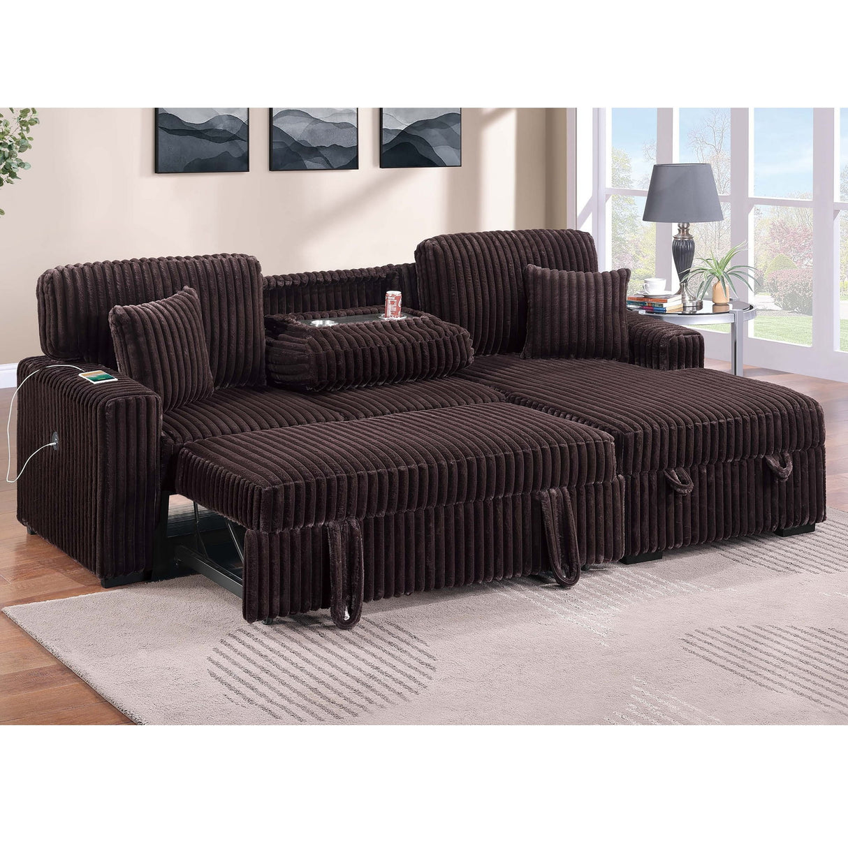 Convertible Sectional Upholstered Sleeper Sofa With Storage Chaise