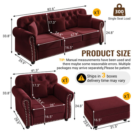 Upholstered Sofa Set With Nailhead Trim And Rolled Armrests, Includes Pillows