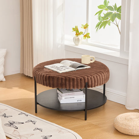 Modern Upholstered Round Ottoman Coffee Table With Storage Shelf