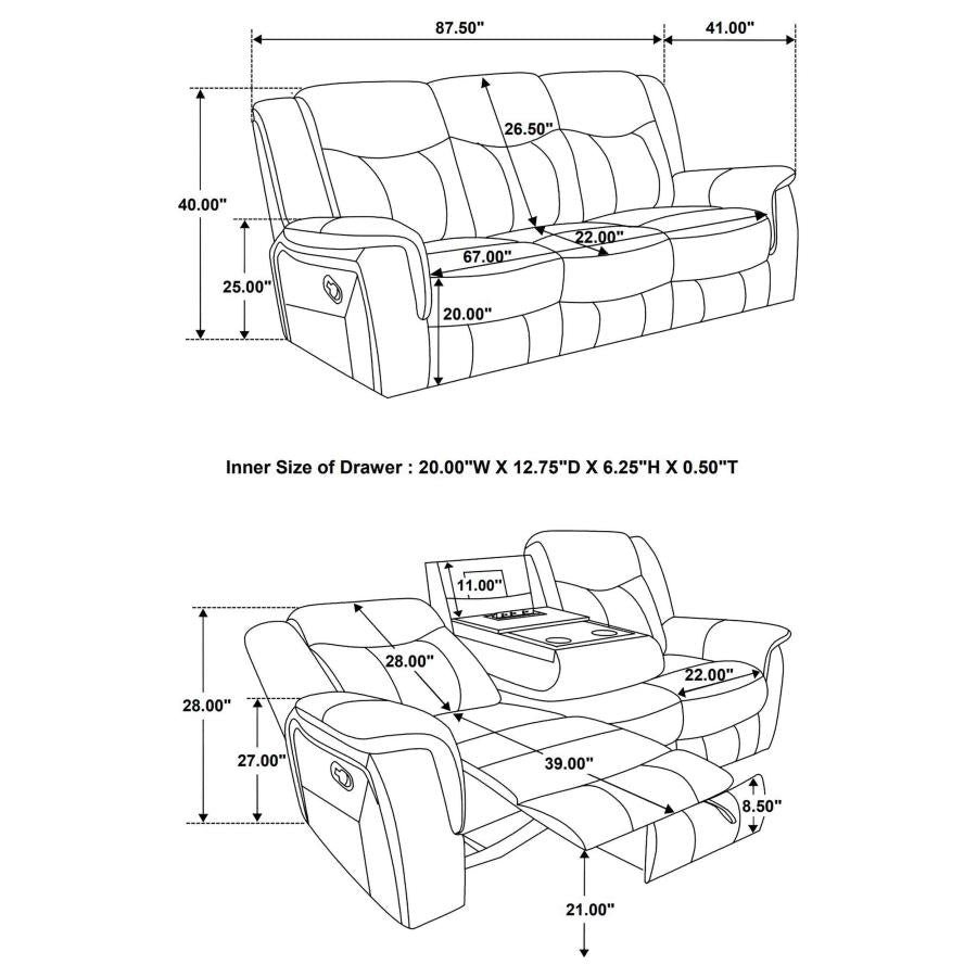 Conrad 3-piece Upholstered Padded Arm Motion Sofa Set Grey - 650354-S3