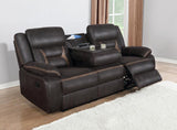 Greer Upholstered Motion Reclining Sofa Brown - 651354