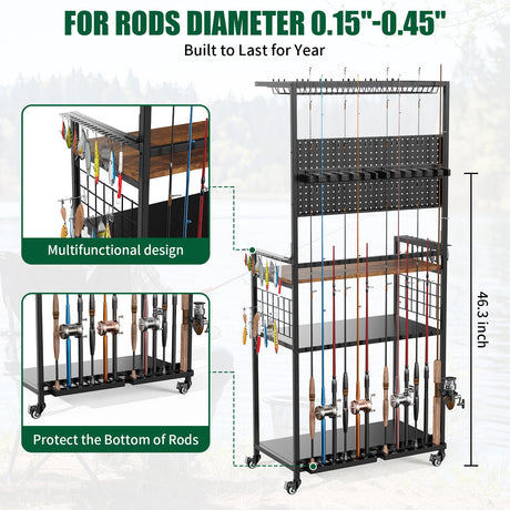 Fishing Rod Storage Rack With Pegboard, Rolling Tackle Organizer Cart - Black