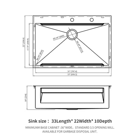 33" Drop In Kitchen Sink Single Bowl 16 Gauge Stainless Steel Ledge Workstation - Black