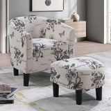 Accent Chair With Matching Ottoman Upholstered Round Backrest, Seating Set - Off White / White