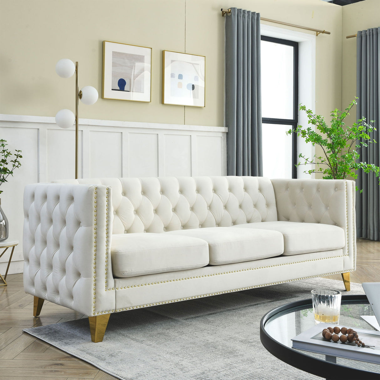 Upholstered Couch Sofa With Button Tufting For Living Room