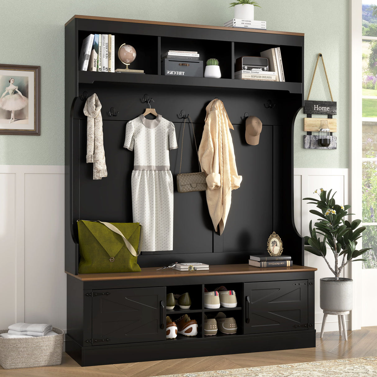 Farmhouse Hall Tree With Bench And Shoe Storage