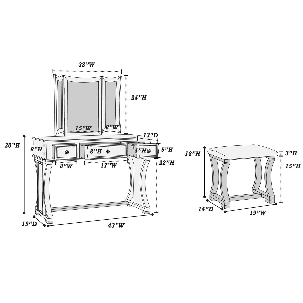 Bedroom Vanity Set With Foldable Mirror And Stool - Black