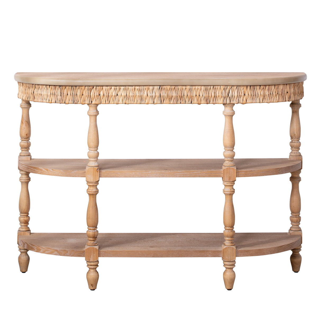 Handcrafted Console Table With Hand Woven Trim, 3 Tier Storage Shelves - Natural