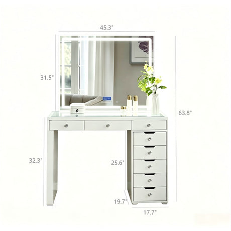 Makeup Vanity Desk With LED Lighted Mirror, 9 Drawers For Bedroom - Gloss White