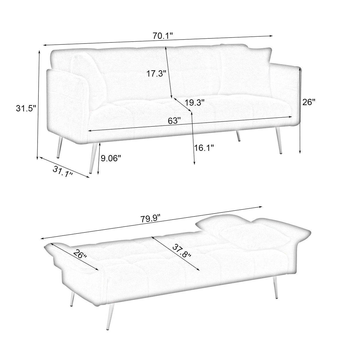 Convertible Double Futon Sofa Bed With Folding Armrests For Living Rooms
