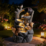 Outdoor Squirrel, Tiered Waterfall Fountain With LED Light For Patio - Gray