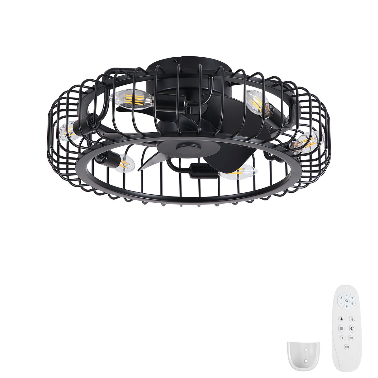 Flush Mount Ceiling Fan With Lights, Low Profile Fandelier With E12 Sockets, Reversible DC Motor, 6 Speeds - Black