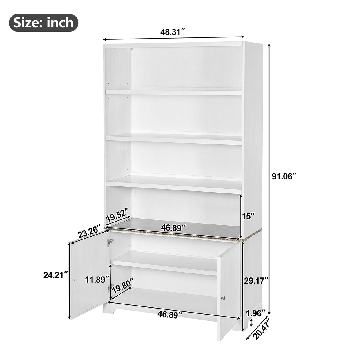 Tall Bookcase Storage Cabinet With 3 Open Shelves & Fluted Double Doors