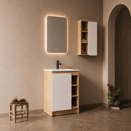 24" Bathroom Vanity With Sink & Wall Mounted Side Cabinet, Vanity Set With Thin Edge Sink, Interchangeable & Door Panels, Open & Hidden Storage - Black / Light Oak / White