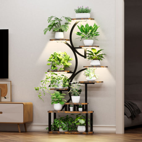 S - Shaped, 10 Tier Plant Stand With 5 Grow Lights - Deep Rustic Brown