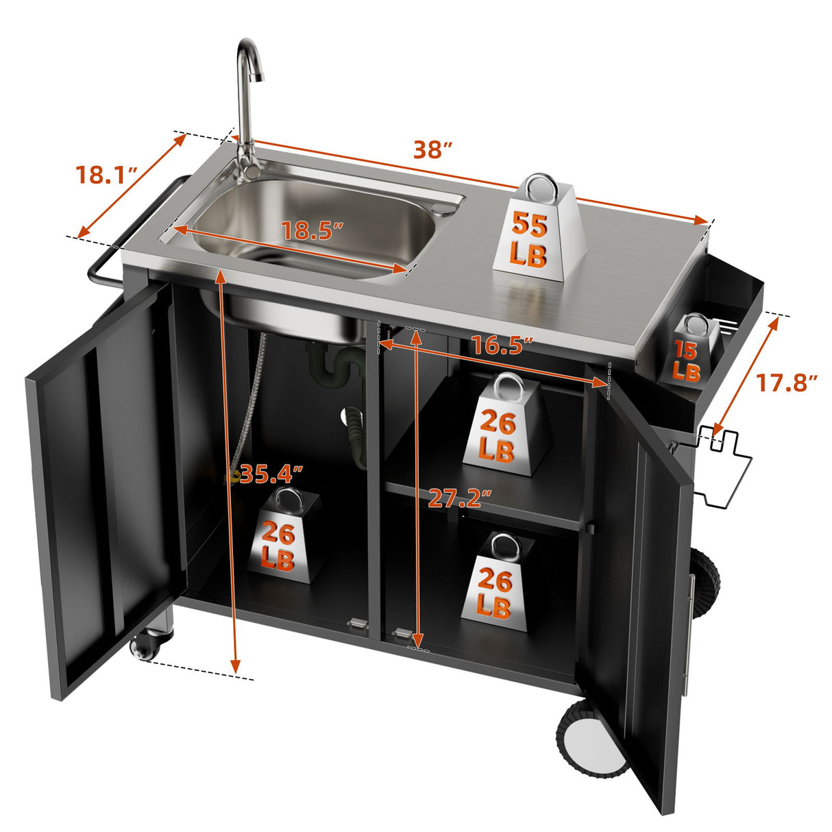 Outdoor Grill Table With Sink, Grill Cart With Sink And Cabinet With Wheels - Black / Silver